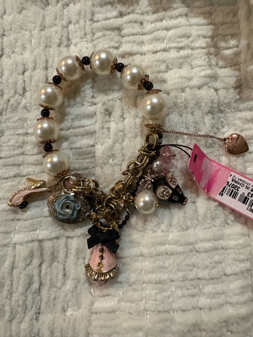 Betsey Johnson Pearl Bracelet with Pink and Black Enamel Charms